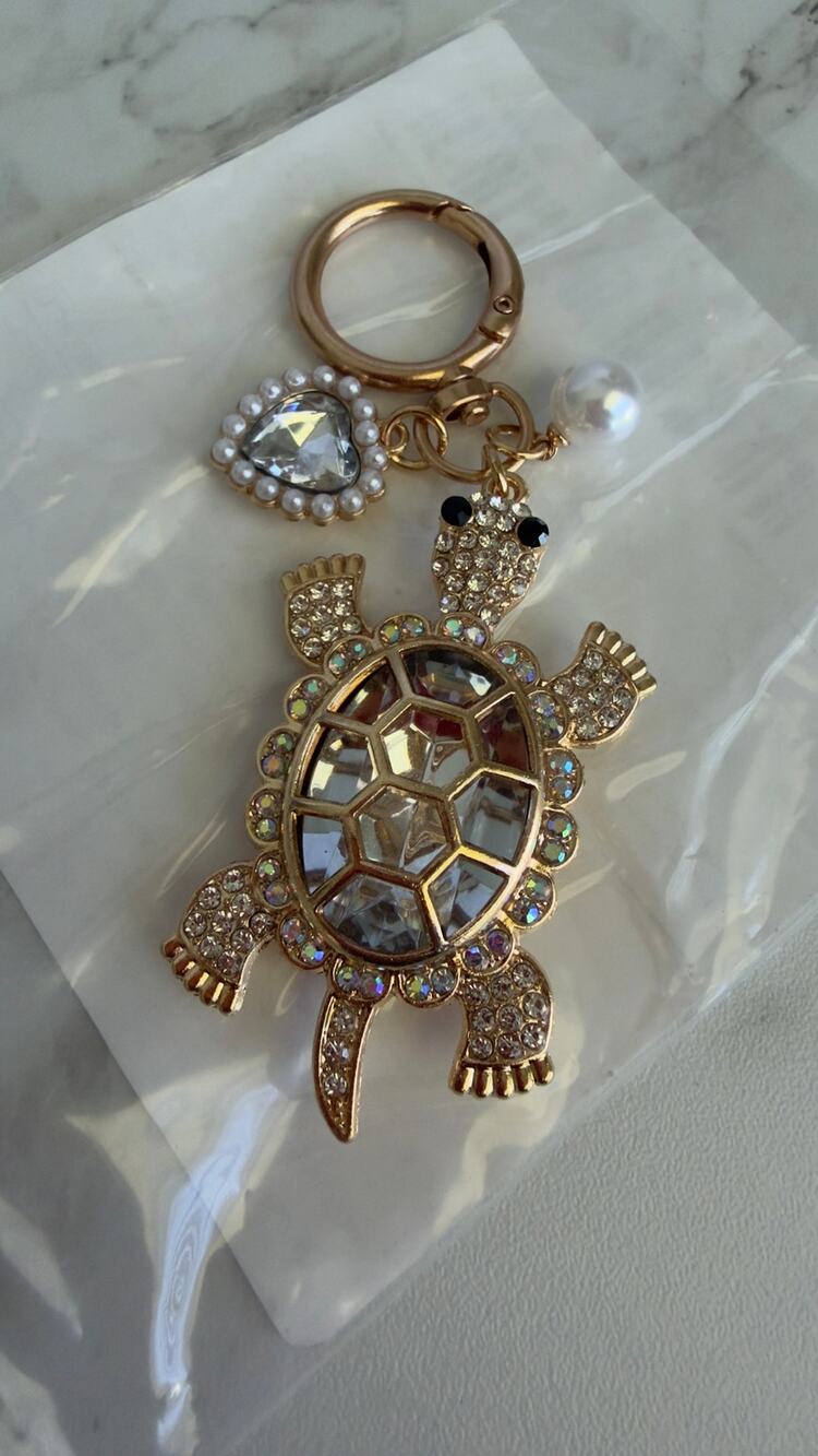 Ocean Style Gold Rhinestone Sea Turtle Keychain Bag Charm Heart & Pearl NEW